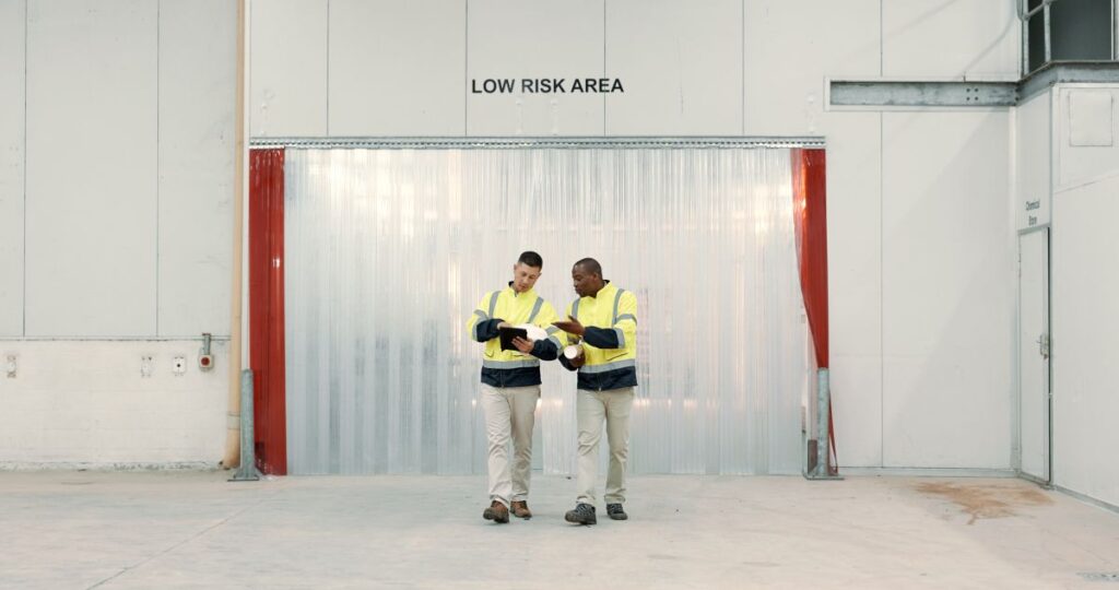 two workers in front of Super Vision Industrial Curtain